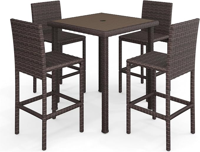 Martha Stewart Bedford 37” Square Indoor-Outdoor Patio Bar Height Table with Faux Wood Top and Rattan Wicker Finish in Brown