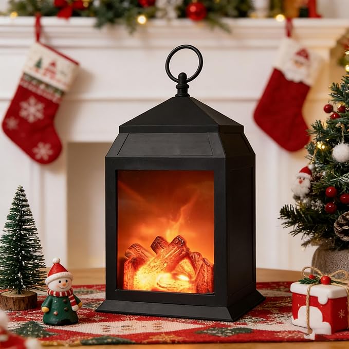 Simulated LED Fireplace Lantern Battery Powered Flameless Light with Simulation Flame Table Decorative Lamp Mini Fireplace Ornament for Cozy Home Decor Free Standing Electric Log Burner