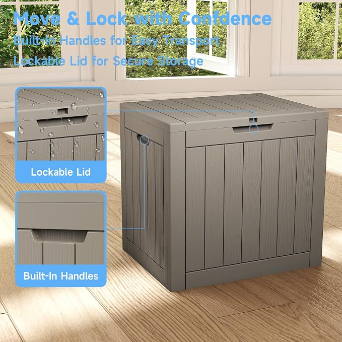 PatioZen 36 Gallon Deck Box,Waterproof Resin Outdoor Storage Boxes, Outside Storage Lockable Container for Garden Tools,Indooor Cushions,Accessories (Grey)