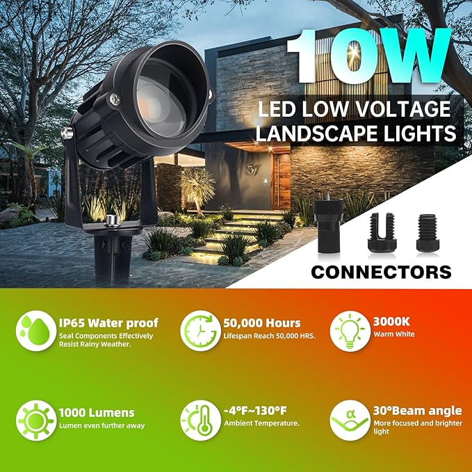LAVAED 10W LED Landscape Lights 12V Outdoor Spotlight with Connectors Low Voltage Landscape Lighting Warm White Waterproof Yard Uplight(2Pack)