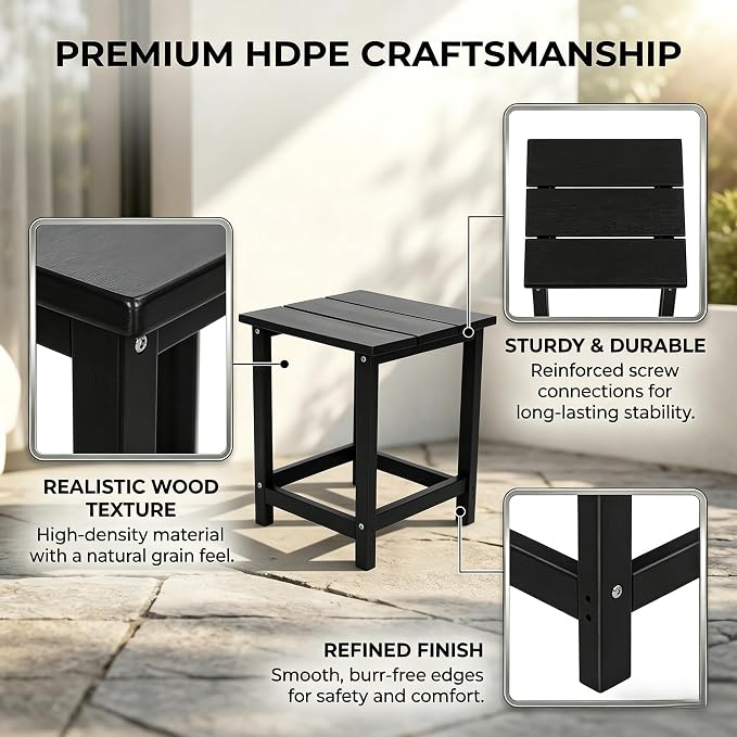 AMILY HDPE Outdoor Square Side Table, All Weather Patio End Table for Adirondack Chair, Heavy Duty Garden Poolside Balcony Table, Easy Assembly (Black)