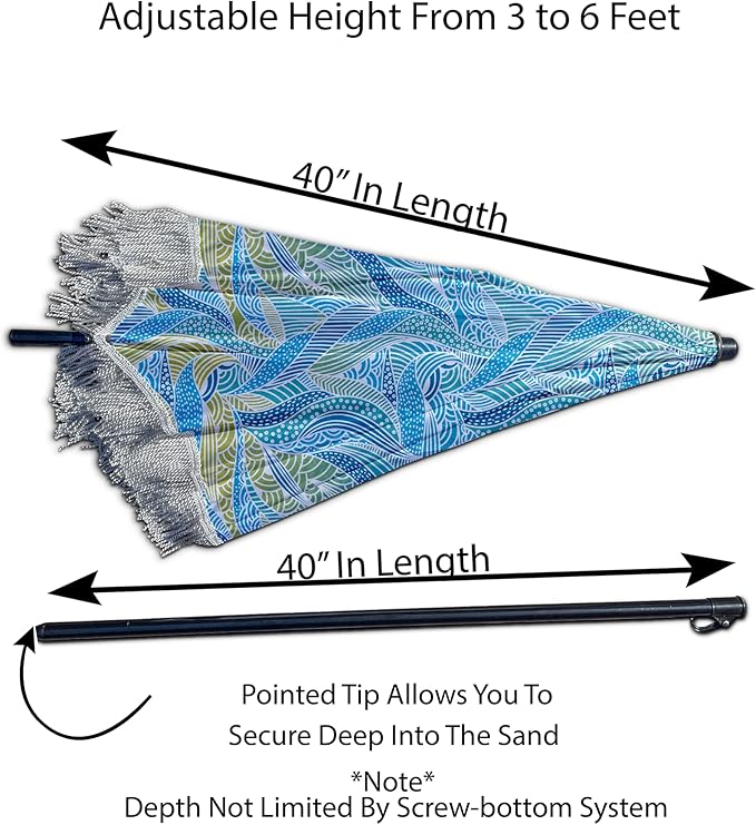 Beach Umbrella for Sand –Windproof with Sand Anchor Bag, Portable, Fringe, Denim Bag, Features Pointed Bottom,100% UV Sun Protection – Seacove
