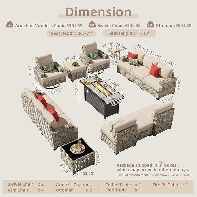 15-Piece Outdoor Sectional Sofa Set w/ 54" Fire Pit – L-Shaped Wicker Patio Furniture, Deep Seating & Swivel Rockers, Beige