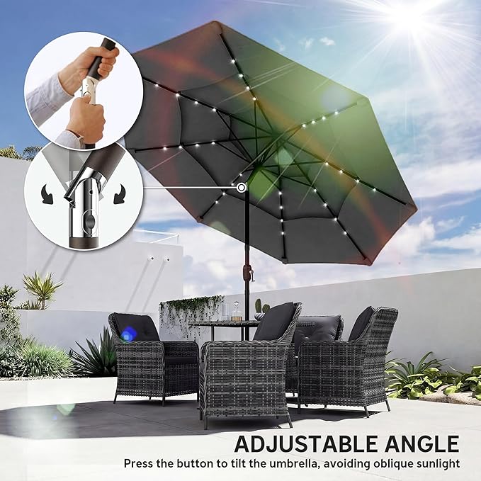Outsunny 9.7 ft Outdoor Patio Umbrella with 32 Solar LED Lights, 3 Tier Outdoor Table Market Umbrella with Tilt and Crank, 8 Ribs for Garden, Deck, Yard, Poolside