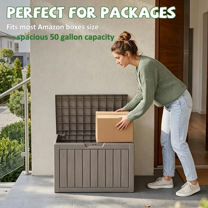 DRATO 50 Gallon Outdoor Storage Box Waterproof, Lockable Resin Deck Box for Patio Furniture, Pool Supplies & Garden Tools, Weatherproof Outside Storage Bin for Backyard Porch (Grey, 50 Gallon)