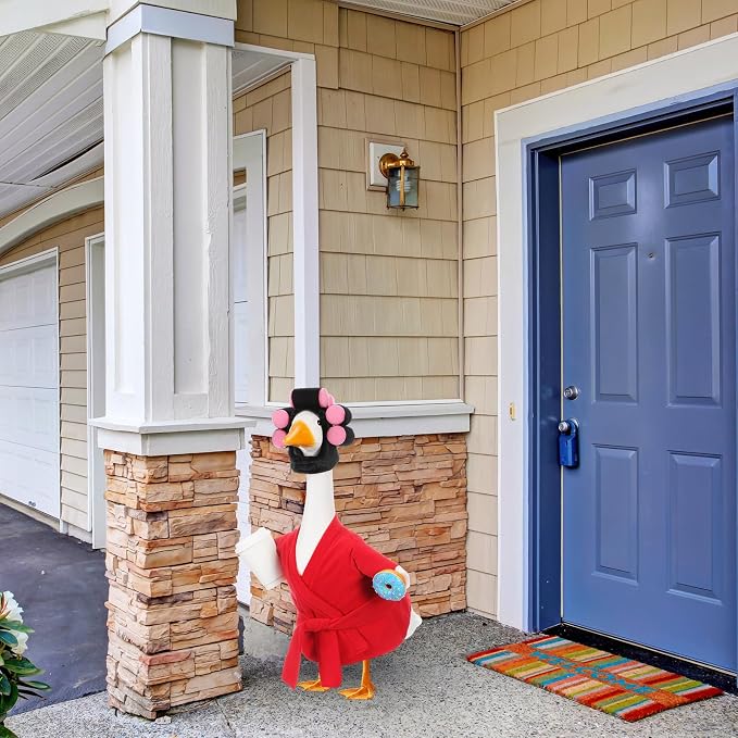 Shyyween Summer Porch Goose Outfits 23 Inch Lady Geese Statue Clothes Funny Porch Goose Red Robe and Curlers Coffee Cup Accessories