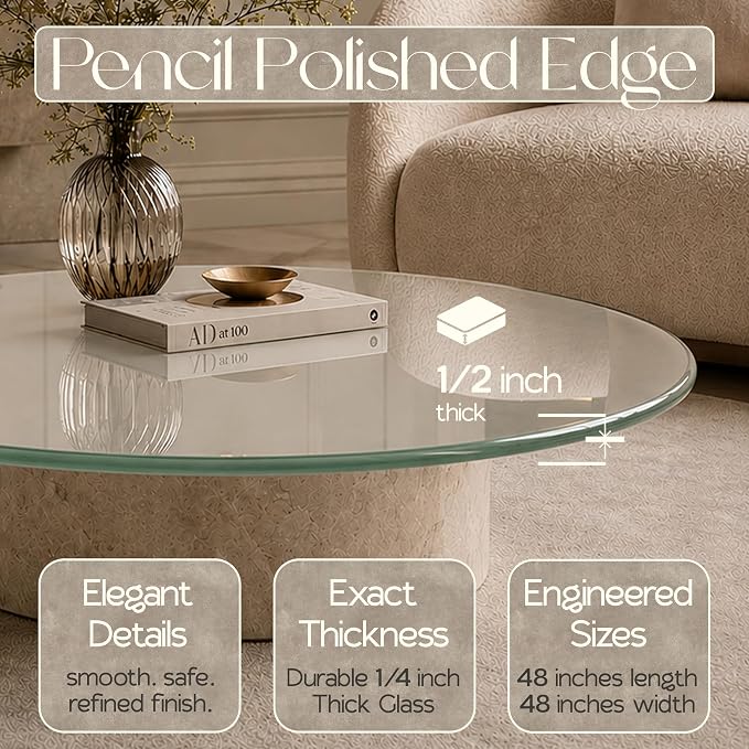 48-inch Round 1/2" Thick Pencil Polished Edge Glass Table Top with 6 Bumpers - Tempered, Scratch Resistant & Safety Replacement Glass Designed for Dining, Coffee, Patio & End Tables