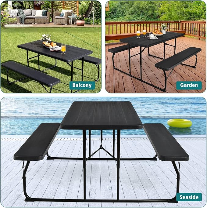 Giantex 4.5 FT Folding Picnic Table Bench Set- Outdoor Dining Set for 4-6 Persons w/All-Weather HDPE Tabletop, Metal Leg, Large Outside Dining Table for Lawn Patio Garden Yard Poolside, Black