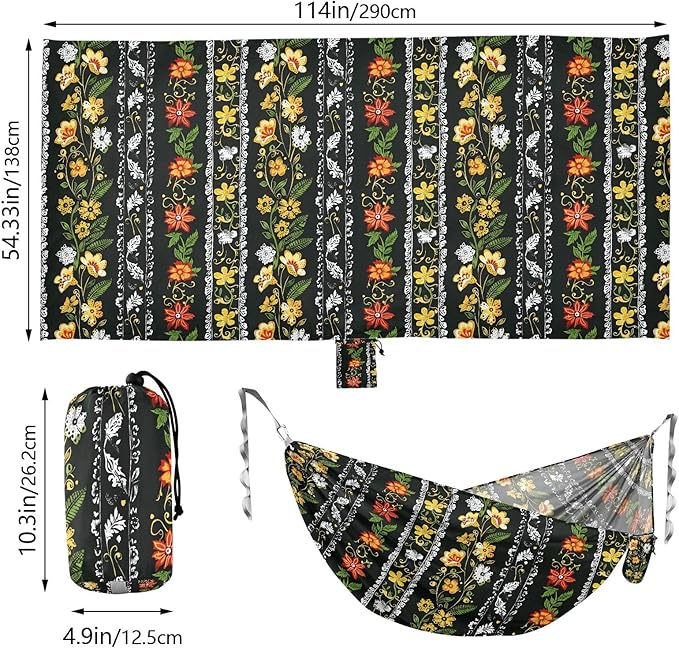 Camping Hammock Outdoor Hammocks for Outside Black Floral Beach Trees Portable Lightweight with Pockets Tree Straps Indoor