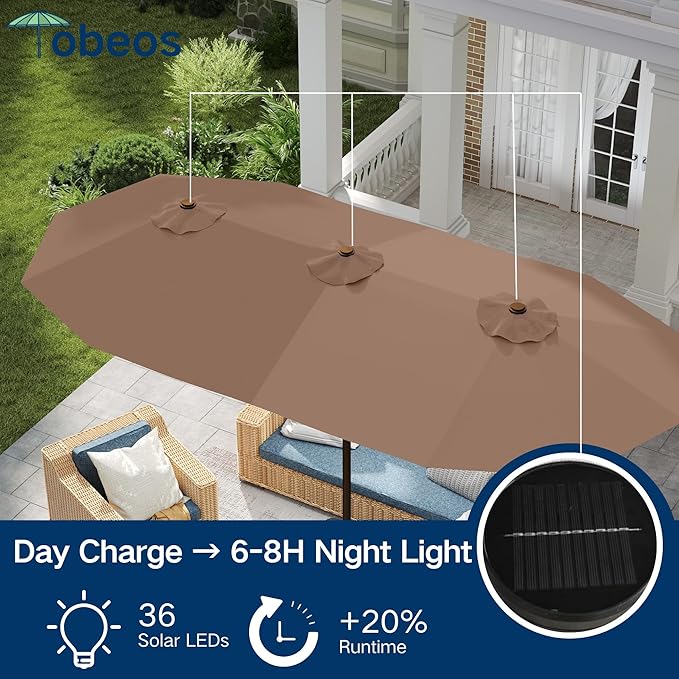 Large Patio Umbrella with Solar Lights and Base, Double-Sided Outdoor Rectangle Umbrella with 48 LED Lights, Market Table Umbrellas with UV Resistant Canopy