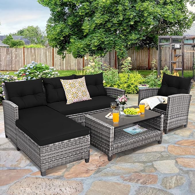 Tangkula 4 Pieces Rattan Conversation Set, Patiojoy Outdoor Furniture Set with Cushions, Lounge Sofa Set with Coffee Table, Patio Sectional Sofa Set for Patio Garden Poolside Backyard (Black)