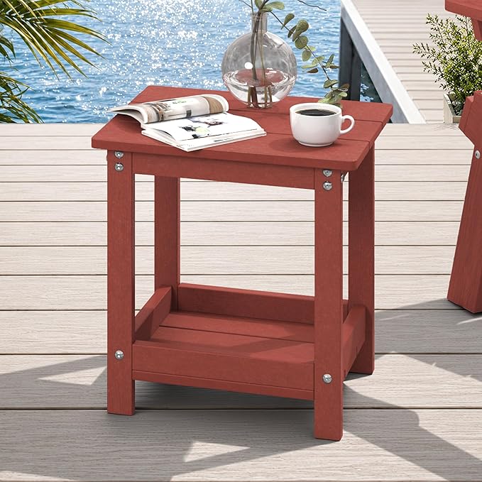 LUE BONA Outdoor Side Table, 2-Tier HDPE Small Outdoor End Table with Rail for Patio, Deck, Poolside, Low Maintenance & Weather Resistant, Red