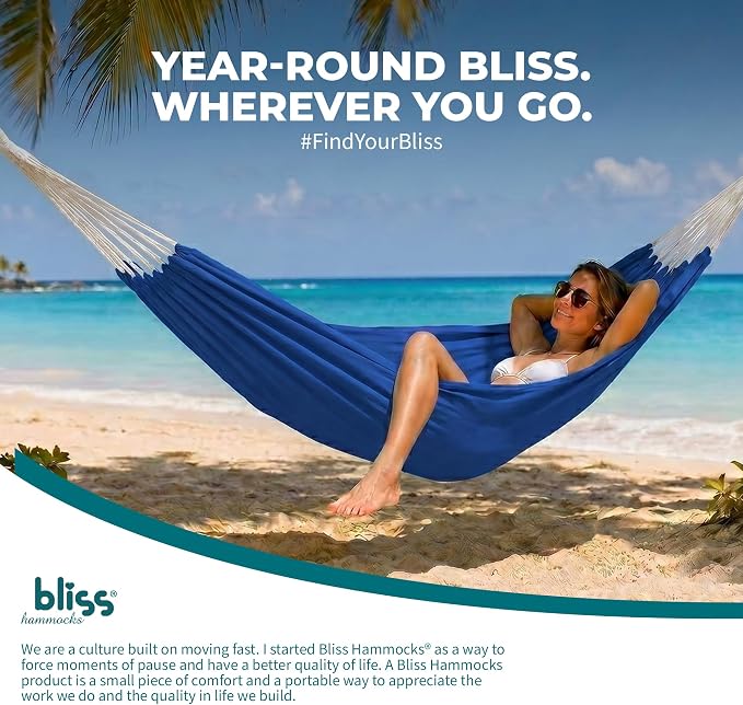 Bliss Hammocks 60" W Double Outdoor Hammock with Hand-Woven Rope Loops & Tree Straps, Patio, Durable, Cotton/Polyester, 265 Lbs Capacity, Dark Blue