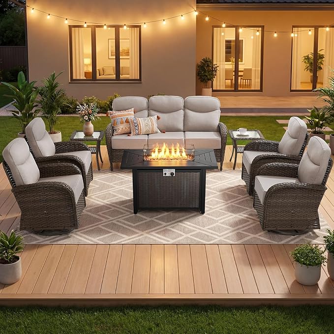 Outdoor Swivel Rocking Chair Patio Set (8pcs) High-Back-Thick Cushion Swivel Rocking Chair Patio with Fire Table Set, All-Weather Wicker Patio Furniture Set, Suitable for Balcony Patios, Brown/Beige