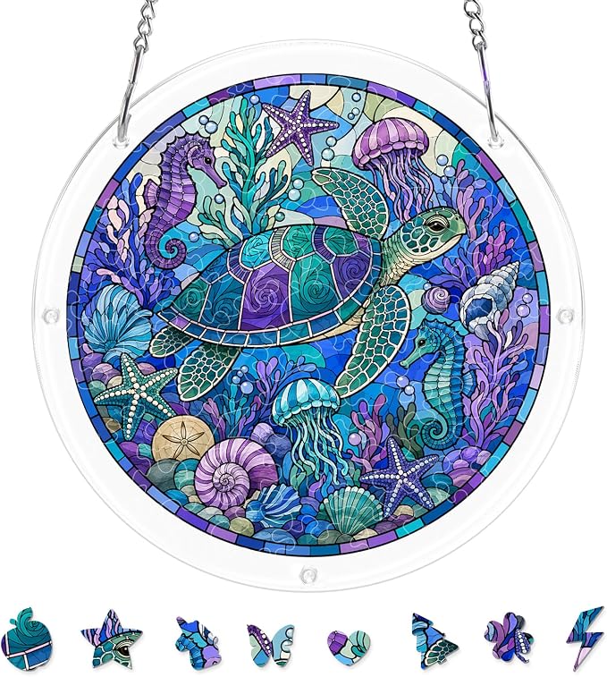 Acrylic Puzzle Suncatcher, Sun Catchers Puzzle for Window Hanging | 7.4 Inch Coastal Turtle DIY Suncatcher Puzzle for Adults, Ideal Gifts for Women, Men, Wife, Mom, Home & Garden Decor