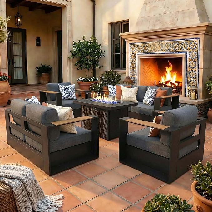 LayinSun 5 Pieces Aluminum Patio Furniture Set with Fire Pit Table, Oversized Outdoor Conversation Set 7 Seats with 6" Thick Cushions for Outside Porch, Balcony, Deck