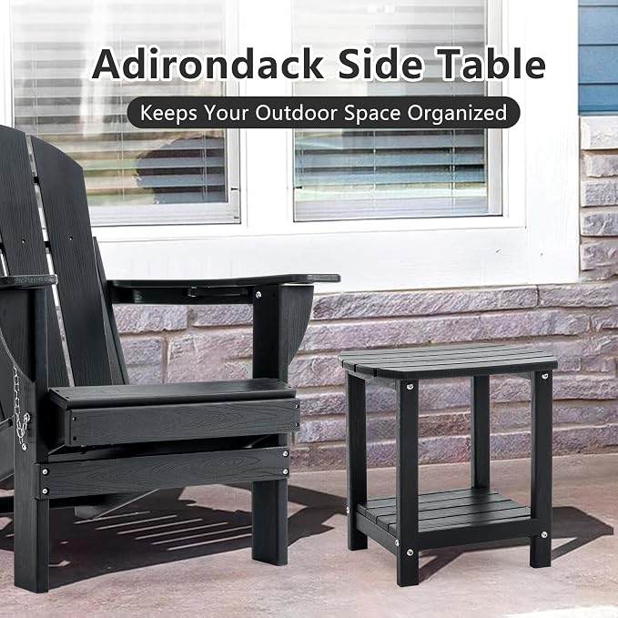 Adirondack Small Outdoor Side Table - Weatherproof HDPE Patio End Table with 2-Tier Storage for Firepit, Balcony, Garden, Poolside or Bathroom (Dark Black, Set of 1)