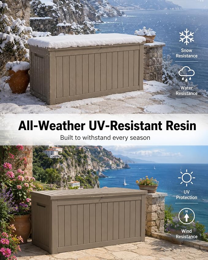 MAKINO 274 Gallon Large Waterproof Deck Box, Heavy Duty Resin Outdoor Storage Box, Outside Storage Bench with Hydraulic Rod for Patio/Cushions/Garden Tools/Backyard/Pool Accessories, Grey Brown
