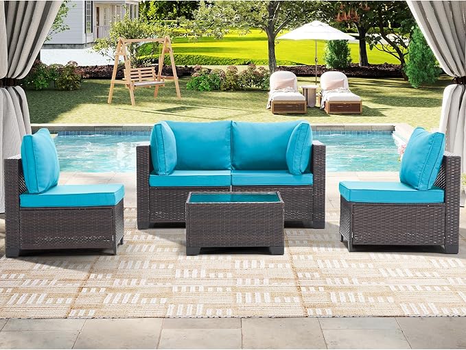 CANMOV 5 Pieces Patio Furniture Sets, All Weather Outdoor Patio Conversation Set, Wicker Rattan Sectional Sofa Couch Glass Coffee Table and Washable Cushions for Backyard Garden, Porch, Peacock Blue