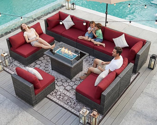 BULEXYARD 11 Piece High Back Patio Furniture Set with Fire Pit Table, Oversized Comfy Deep Wide Seat Outdoor Sectional Sofa, All-Weather Wicker Modular Conversation Couch 10-Seats for Deck, Grey & Red