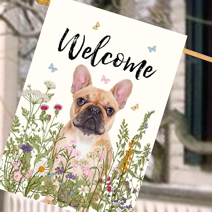Floral French Bulldog Garden Flag Spring Summer House Flags 28 x 40 Double Sided Flower Dog Yard Flags for Outside Large Outdoor Welcome Flags