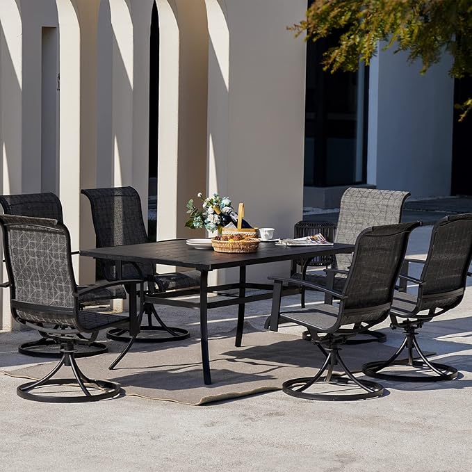 Grand patio 7-Piece Patio Dining Set for 6, Outdoor Dining Set with Swiviel Patio Chairs & 1 Rectangular Woodgrain Dining Table with Umbrella Hole, Black & Grey Plaid