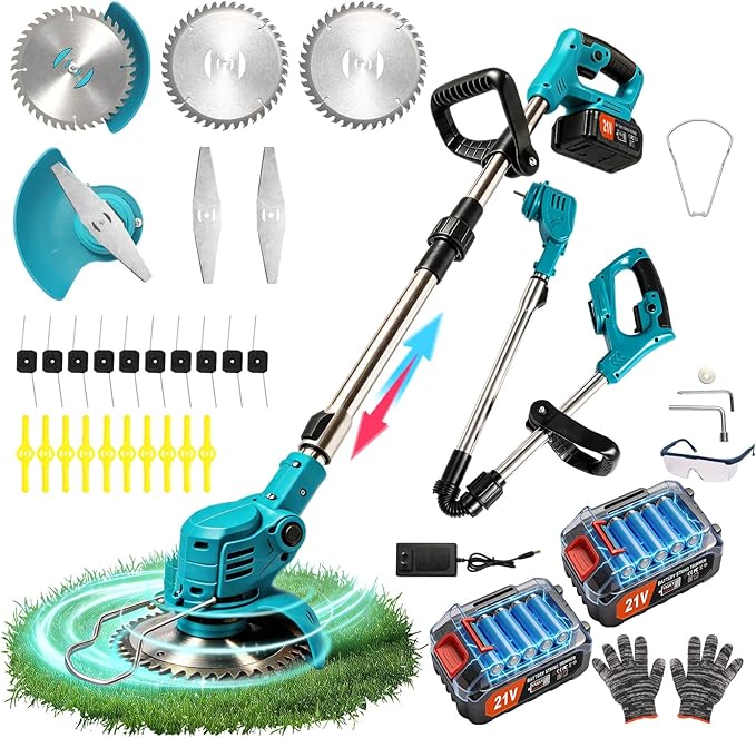 Cordless Weed Wacker Battery Powered, 4-in-1 Battery Powered Weed Eater and Edger with 21V 2.0Ah Battery, Charger, Foldable Electric String Trimmer for Lawn, Garden and Yard