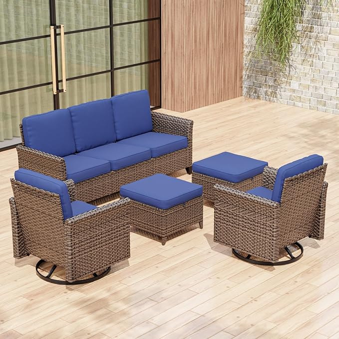 COOS BAY Harbor Retreat 5 Piece Outdoor Furniture Set, Patio Conversation Set with w/Swivel Rocking Chairs, 3 Seat Couch and Ottomans, Wicker Furniture, Brown/Blue