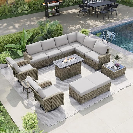 LazySunsets Luxury Patio Furniture Set with Fire Pit Table, All-Weather Patio Sectional Sofas with Thickened Cushions, 13 Piece Outdoor Furniture Set with Swivel Rocker Chairs & Ottomans, Grey