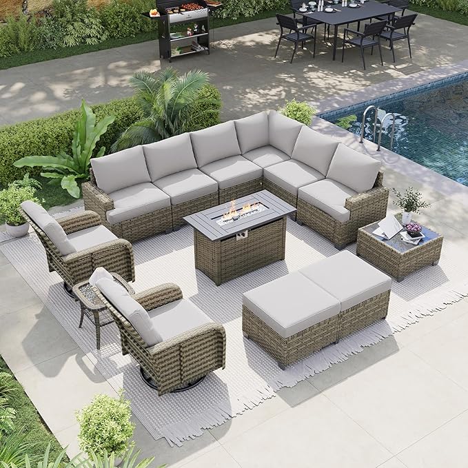 LET'S PATIO Luxury Patio Furniture Set with Fire Pit Table, 13 Piece Outdoor Furniture Set with Swivel Rocker Chairs & Ottomans, All-Weather Patio Sectional Sofas with Thickened Cushions, Grey