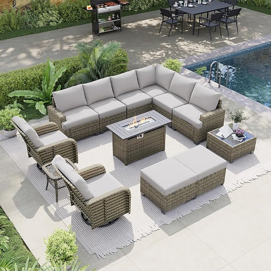 LET'S PATIO Luxury Patio Furniture Set with Fire Pit Table, 13 Piece Outdoor Furniture Set with Swivel Rocker Chairs & Ottomans, All-Weather Patio Sectional Sofas with Thickened Cushions, Grey