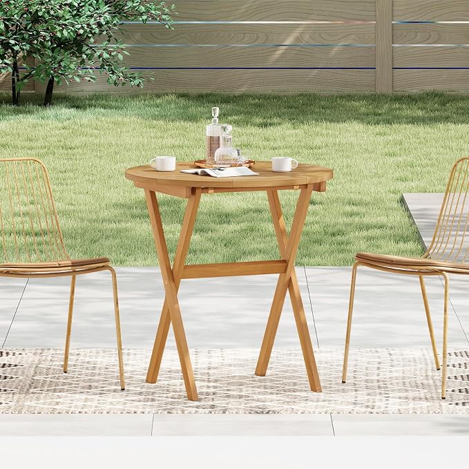 RELAX4LIFE Round Outdoor Folding Table - 26’’ Acacia Wood Patio Bistro Table w/Slatted Tabletop for Indoor Outside Dining Camping, Portable Foldable Wooden Furniture for Garden Backyard Porch (2)