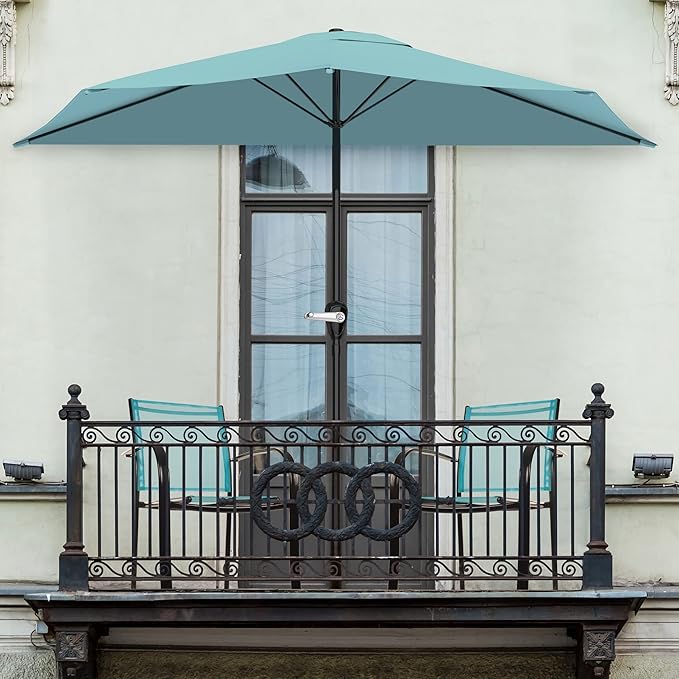 Half Umbrella Outdoor Patio Shade - 9 ft Patio Umbrella with Easy Crank - Small Canopy for Balcony, Table, or Deck by Pure Garden (Lake Blue)