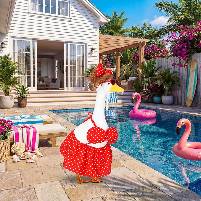 Abbylike Summer Bikini Porch Goose Outfit Red Polka Dot Bikini Yard Goose Hawaiian Clothes with Sunglasses and Curls Wigs Fits Large 23'' H Cement for Outdoor Garden Patio Pathway Statue Art Decor