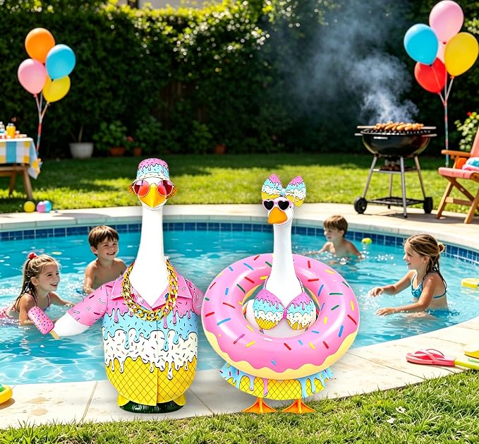 Porch Goose Outfits Summer Ice Cream Shirt - 5-Piece Male Couples Large Lawn Goose Clothes with Hawaiian Shirt, Bucket Hat, Pink Sunglasses, Gold Chain & Popsicle, Outdoor Yard Decor (Boyfriend Theme)