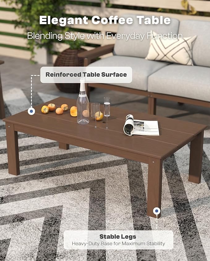 Patio Furniture Set with Washable Thick Gray Cushions, HDPE Outdoor Couch, All-Weather Outdoor Sectional Furniture, Patio Conversation Sets for Lawn, Garden, Porch (Brown Frame)