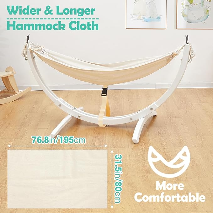 FUNLIO Wooden Hammock with Stand for Kids 3-5 Years (Height < 3.9ft/120cm), Premium Solid Wood Kids Hammock Chair Stand, Stable Structure, Wider & Longer Children Hammock, 220lbs Capacity - White