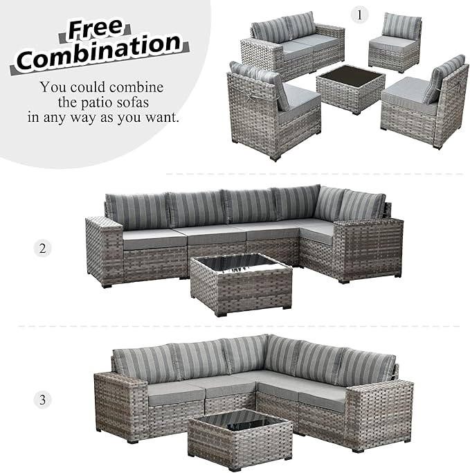 HOOOWOOO Outdoor Patio Sectional Furniture Sofa Set with Widened Armrest,6 Piece Small Modern Wicker Couch,Modular L Shaped Conversation Seating Set with Table for Out Door Garden Corner(Grey Strips)
