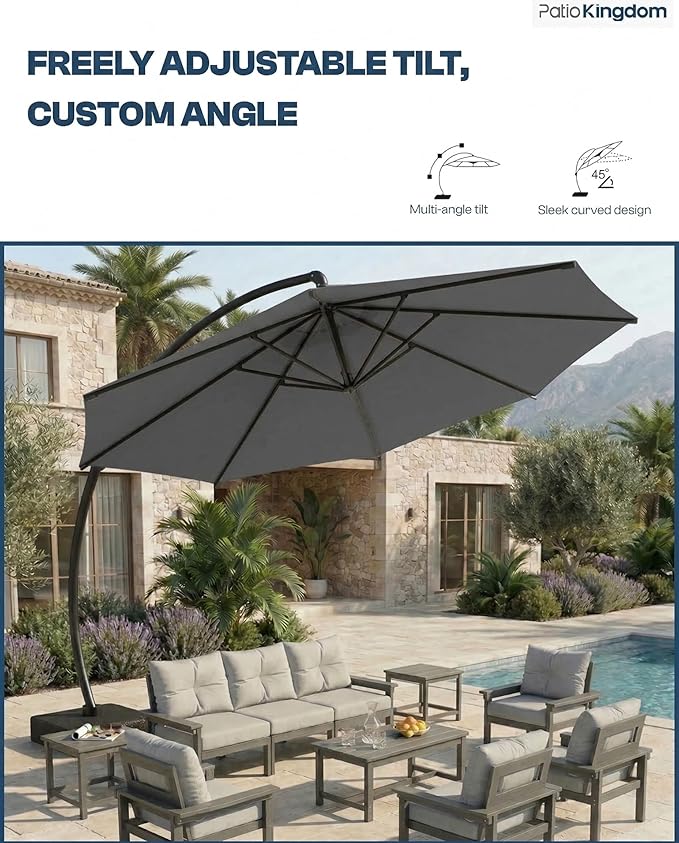 12 FT Cantilever Umbrella with Base Included, Large Round 360° Rotation Offset Umbrella Outdoor Patio, Heavy Duty Aluminum Frame, Sand-Weighted Stand, for Deck, Backyard, Pool, Garden (Grey)