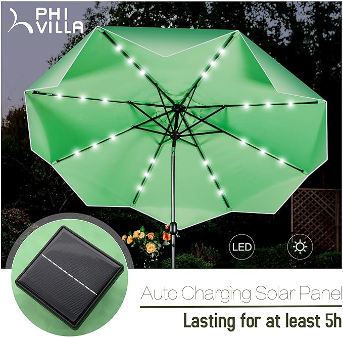 PHI VILLA 9ft Patio Umbrellas with 24 pcs LED Solar Lights, Outdoor Market Table Lighted Umbrella with 8 Steel Ribs, Tilt for UV-Resistant, Lotus Leaf Shape Canopy, Green