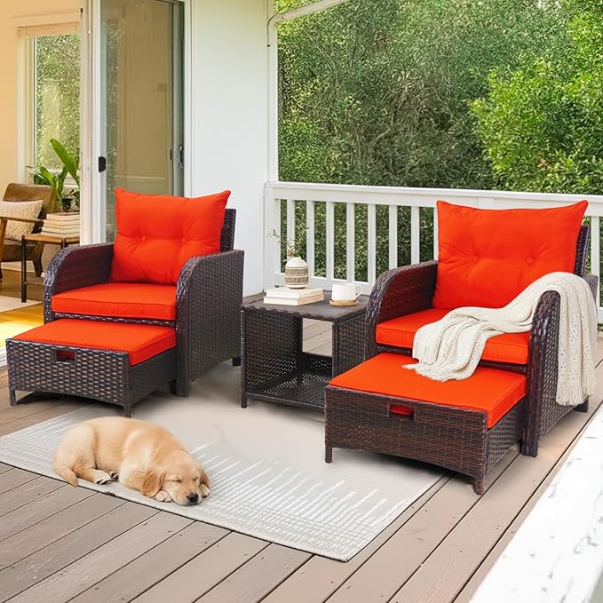 5 Pieces Wicker Patio Chairs Set with Ottomans, Orange Cushioned Lounge Chairs Set of 2 with Ottoman, PE Rattan Outdoor Furniture with Ottoman Set for Balcony Porch