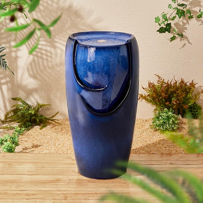 Glitzhome 29.25" Outdoor Garden Fountain Ceramic Jar Water Fountain with LED Lights and Pump Cascading Waterfall Vase Fountain for Patio Garden Yard Porch,Cobalt Blue