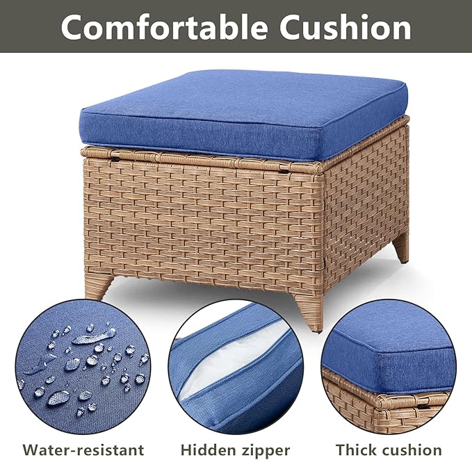 Rilyson Outdoor Ottoman Wicker Patio Ottomans - 2 Piece Footrest Footstools Set Rattan Outdoor Ottomans for Patio with Thick Cushions(Yellow/Blue)