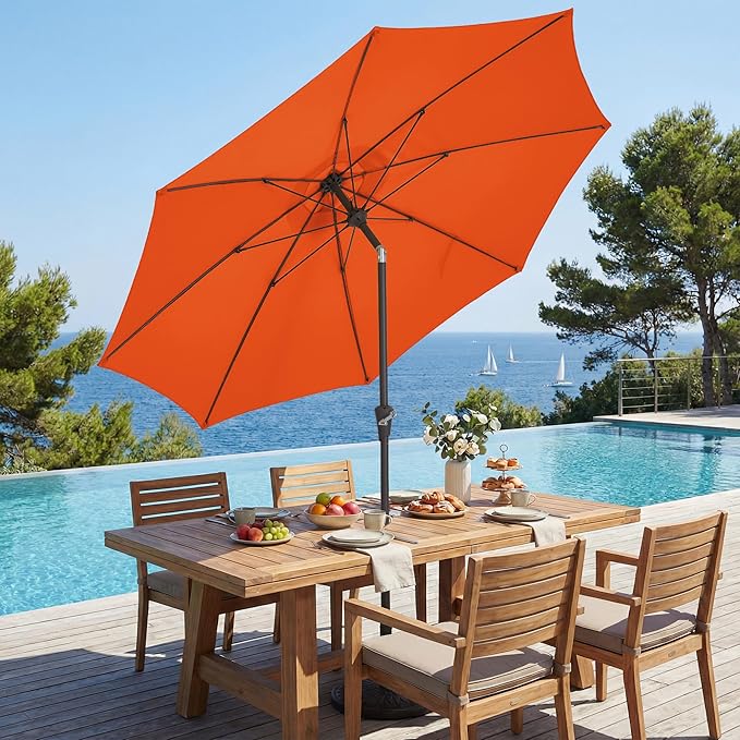 JEAREY 9FT Outdoor Patio Umbrella,Market Table Umbrella with 8 Fiberglass Ribs, Pool Umbrella with Tilt and Crank, UV Protection Lightweight & Wind-Resistant for Lawn, Garden, Deck and Backyard, Orange