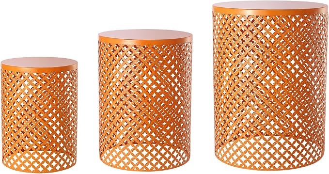 3 Piece Outdoor Coffee Table Side Table Set, Metal Round End Tables for Patio, Small Stackable Nesting Tables, Heavy Duty Decorative Accent Table Garden Stools for Balcony, Indoor Living Room (Orange)