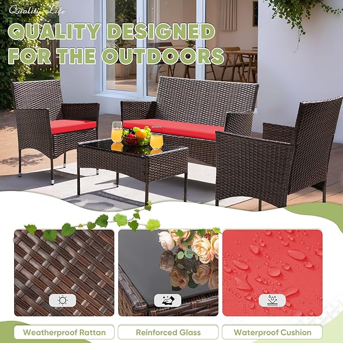 Greesum Patio Furniture 4 Pieces Conversation Sets Outdoor Wicker Rattan Chairs Garden Backyard Balcony Porch Poolside loveseat with Cushion and Glass Table, Brown and Red