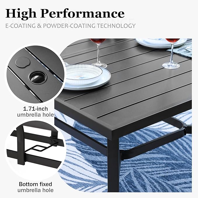 HERA'S HOUSE 9 Pieces Patio Dining Set, Outdoor Metal Table and Chairs Set for 8, 83" Rectangular Table with 1.71" Umbrella Hole, 8 x Textilane Patio Dining Chairs for Lawn Garden Backyard Deck