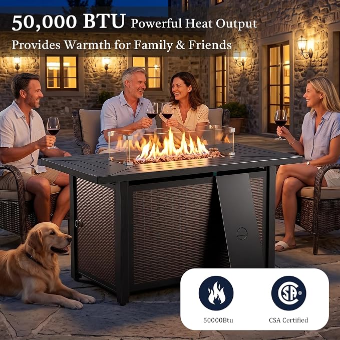 Luxury 6" Thick Cushion 11 Pieces Wicker Patio Furniture Set with 41”Fire Table, Outdoor Conversation Set with Swivel Rocker Chairs Set of 4 and Patio Couch for Deck Porch Yard and Poolside