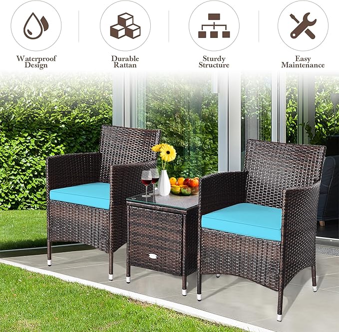 DORTALA 3 Piece PE Rattan Patio Furniture Set, Outdoor Chairs & Table Set with Tempered Glass Top & Cushions, Wicker Conversation Set for Garden Backyard, Turquoise