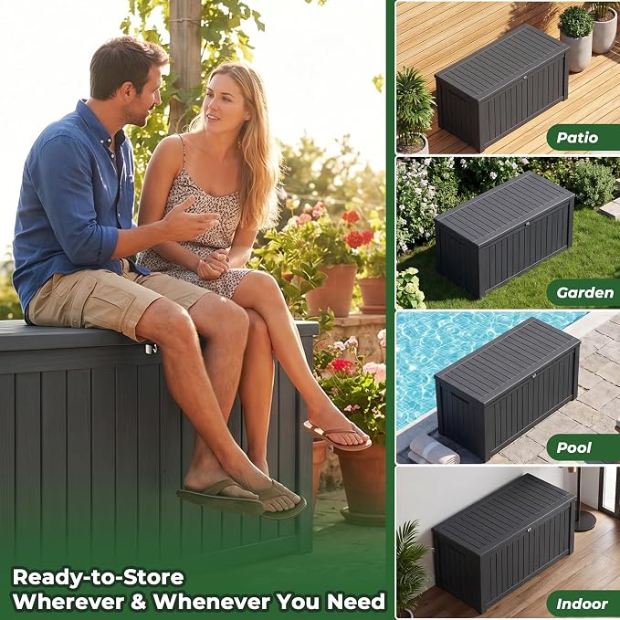 200 Gallon Deck Box, Lockable Waterproof Storage Box, Outdoor Storage Bin for Package Delivery, Patio Cushions, Gardening Tools，Pool Accessories and Sports Equipment (Black,200 Gallon)
